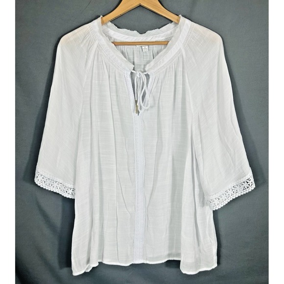 Counterparts Tops - Counterparts Womens White Peasant Top XL Boho Gauzy Eyelet Trim Beachy Coastal